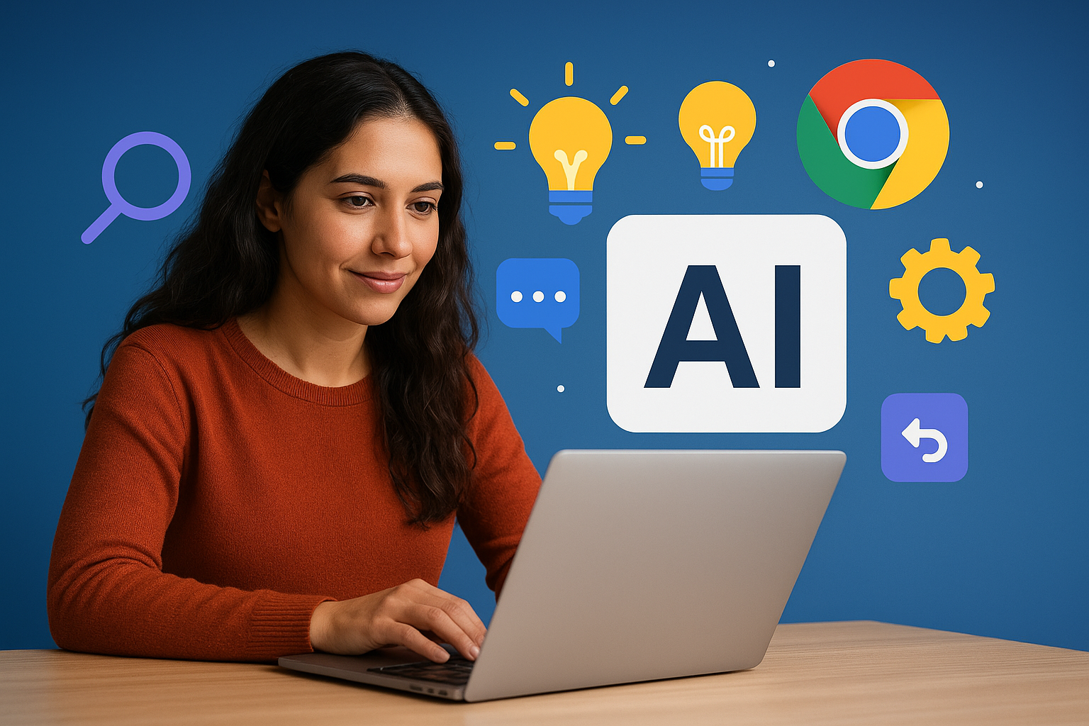 Woman using AI Chrome extensions on laptop with floating tech icons